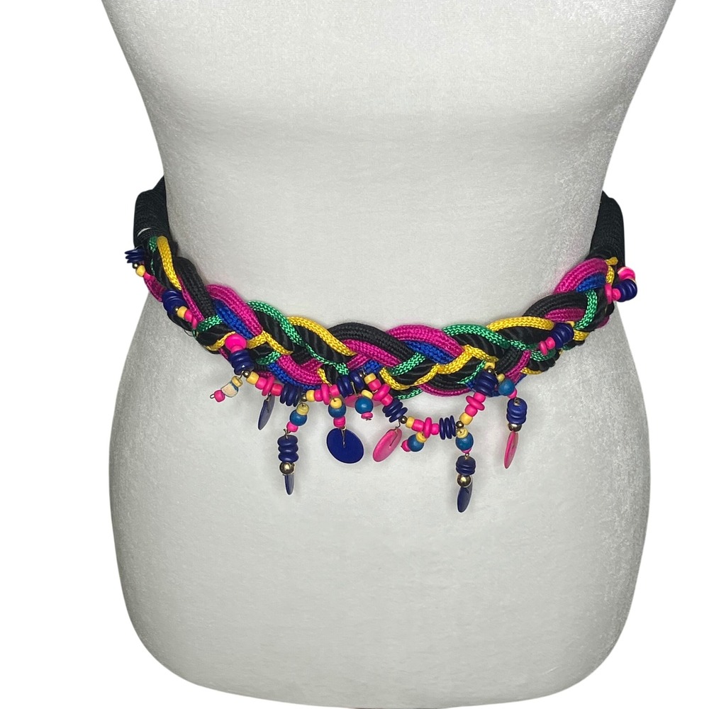 Vtg 80 Braided Rope Belt Women XS Multicolor Beaded Charm Dangle Funky Statement